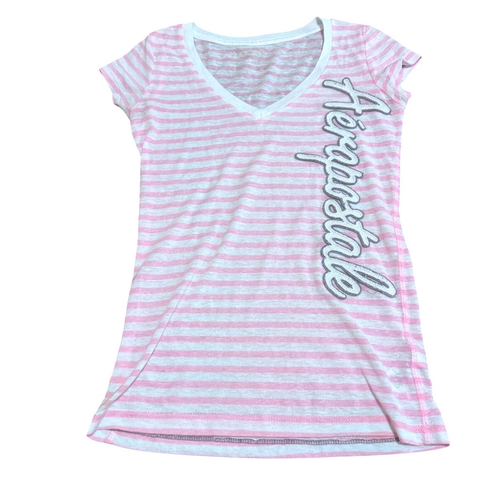 Aeropostale Pink White Striped V-Neck T-Shirt XS Spellout Logo Y2K Burnout Tee